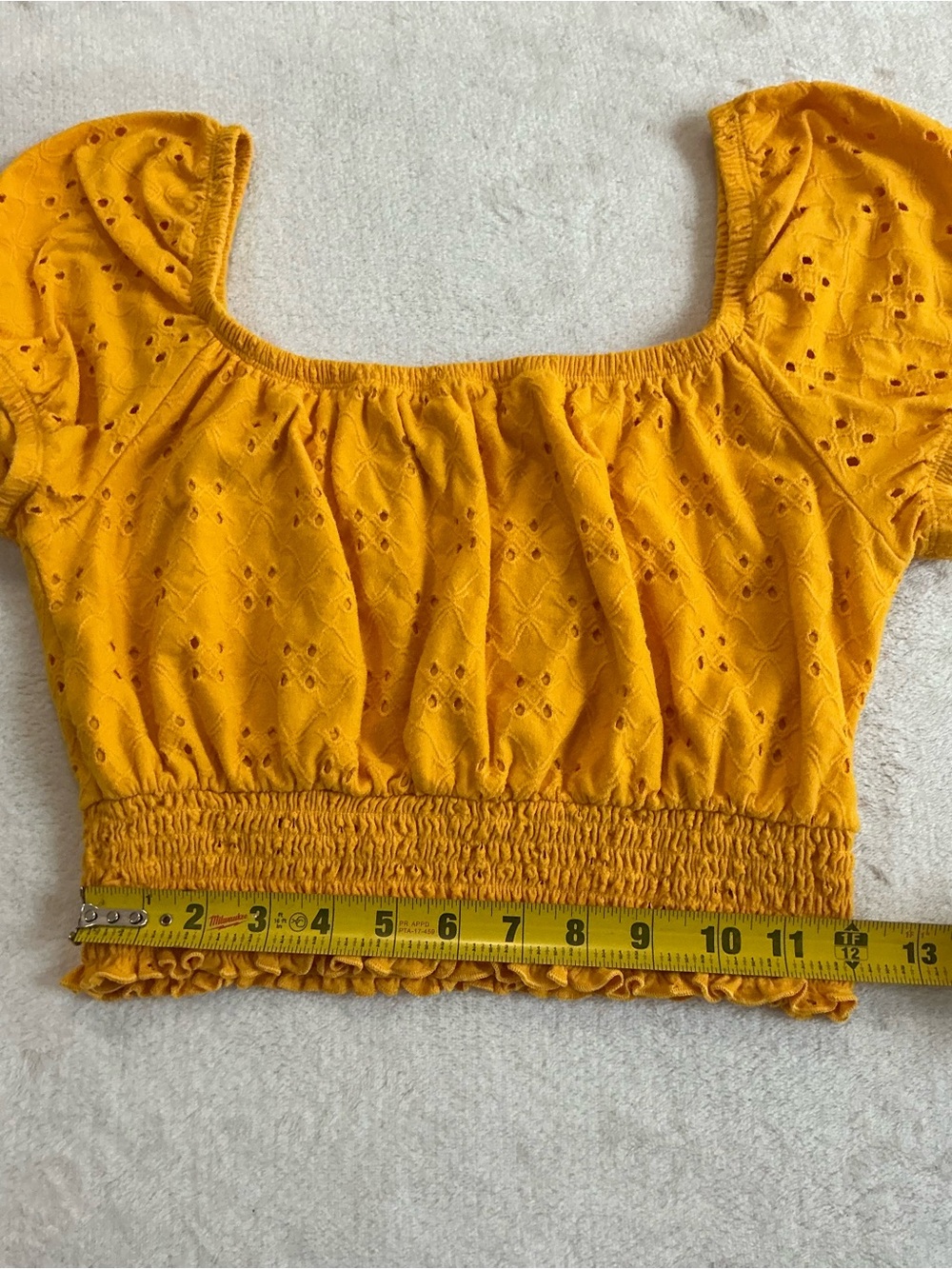 Hollister Smocked Waist Eyelet Embroidery Top Medium - Mustard Puff Sleeve - Picture 6 of 10